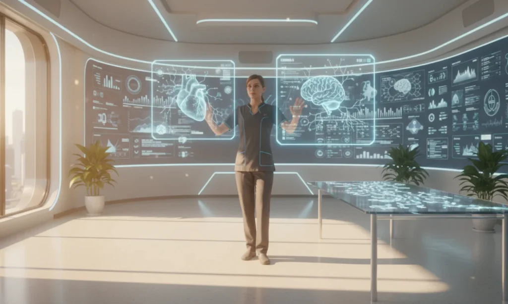 Medical team using AI-powered systems to streamline administrative work in a modern healthcare environment.