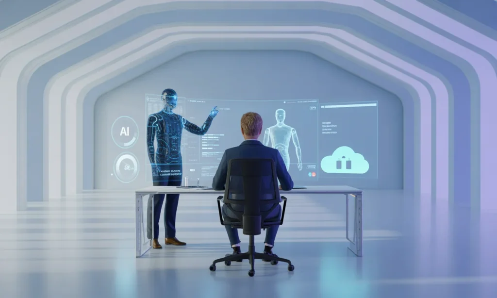 Illustration of internal AI engineers partnering with augmented external experts using shared digital tools to accelerate AI development.