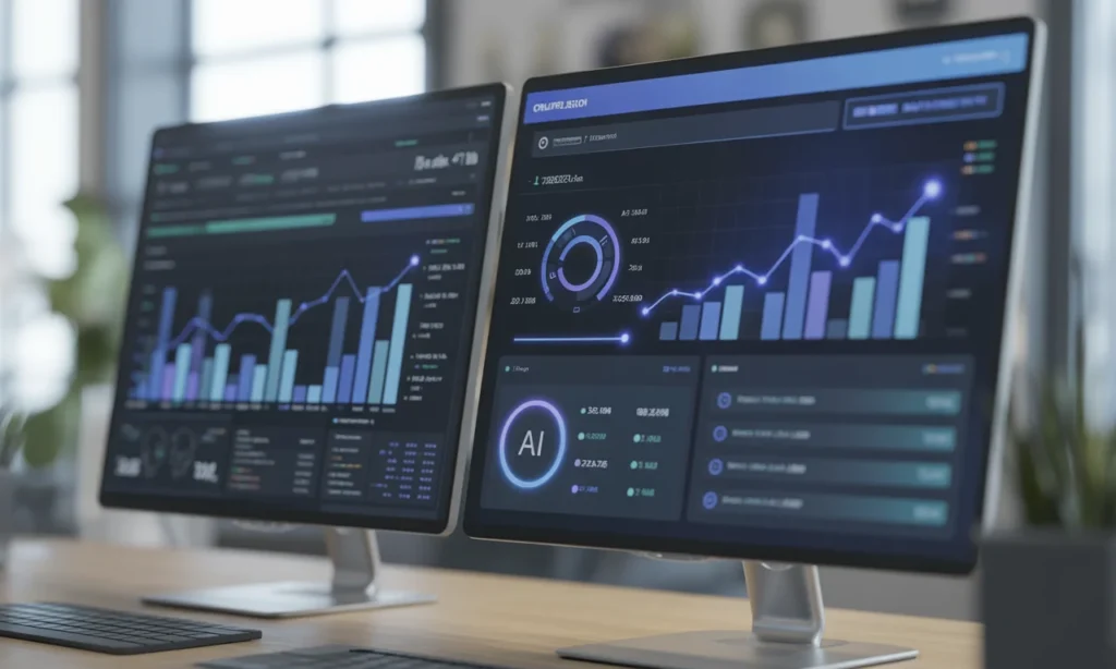 Visual comparison of traditional business reports versus AI-powered predictions and forecasting.