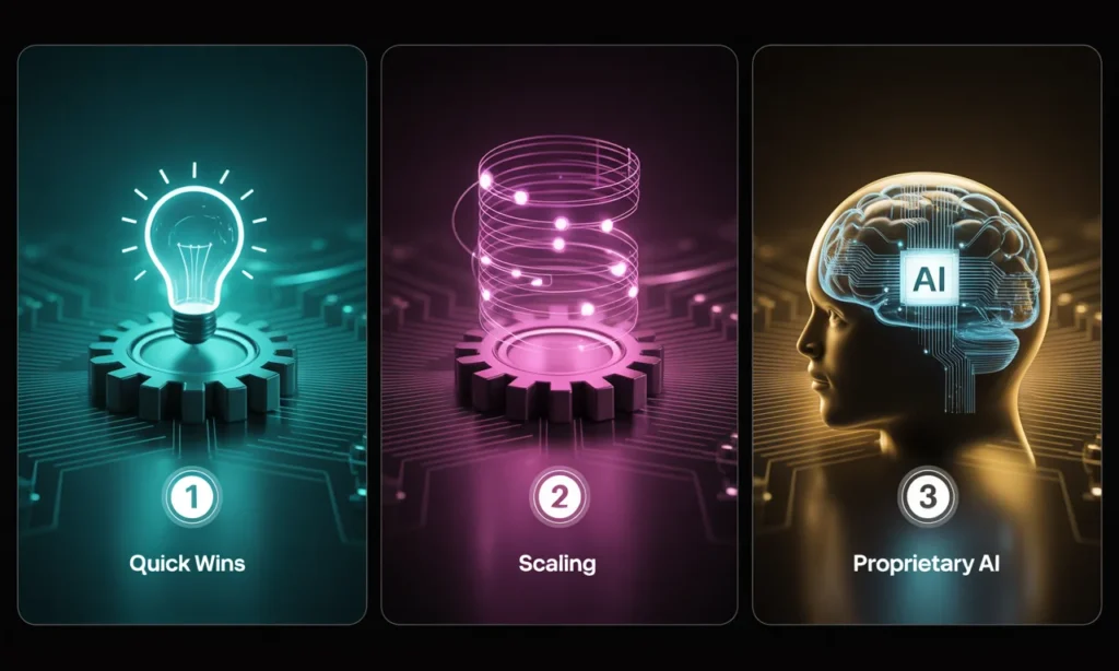 Infographic illustrating a three-phase AI implementation roadmap for startups.