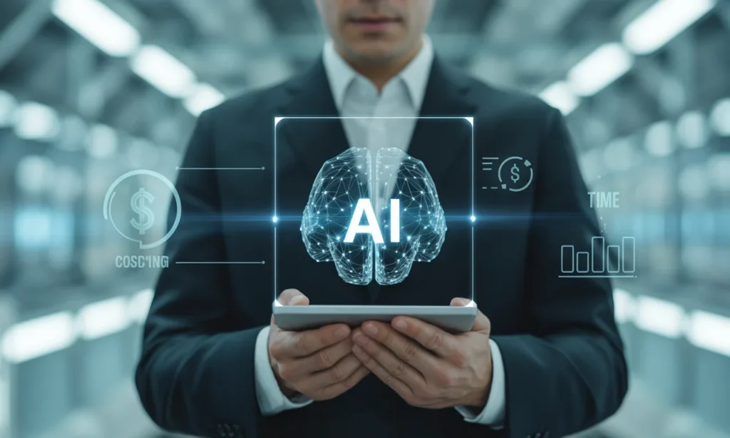 Illustration showing a startup engineer fine-tuning a pre-trained AI model to reduce development costs.