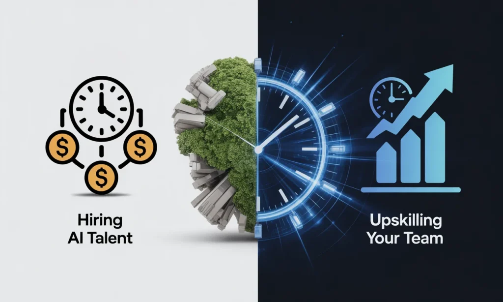 Comparison chart showing hiring AI talent vs upskilling internal teams, highlighting cost and time differences.