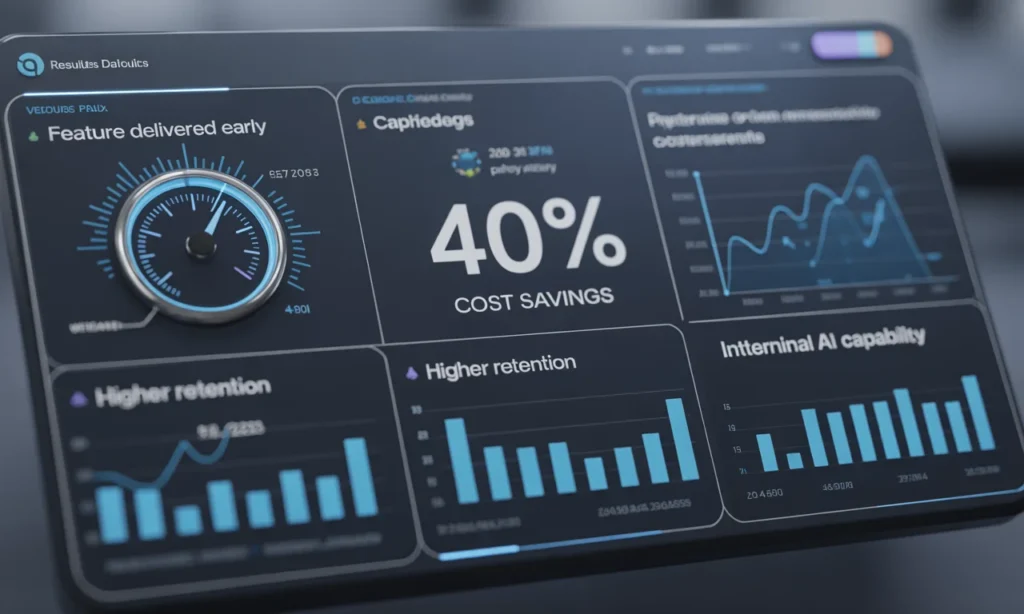 Dashboard visual illustrating outcomes of AI upskilling: faster delivery, cost savings, and team capability.