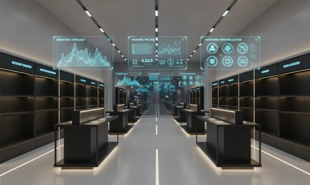 Hero image showing a modern AI-powered retail store with data overlays representing inventory, pricing, and personalization technology.