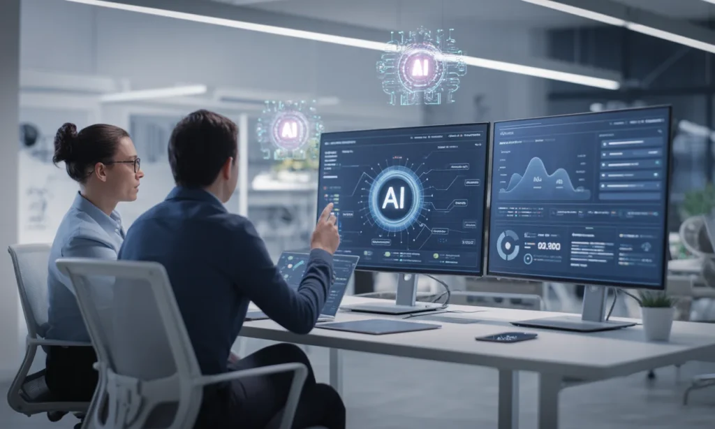 Startup team collaborating on AI strategy with data dashboards and machine learning visuals in a modern office.