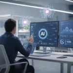 Startup team collaborating on AI strategy with data dashboards and machine learning visuals in a modern office.