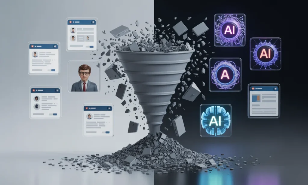 Conceptual image comparing outdated hiring methods with the complex skill requirements of modern AI roles, symbolizing recruitment challenges.