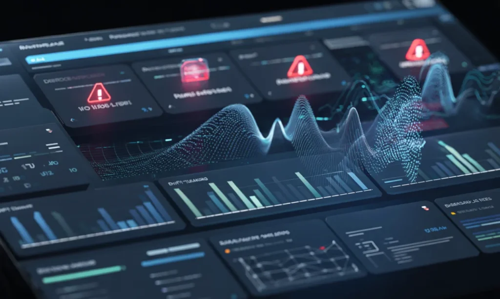 AI incident response dashboard with alerts and indicators of emerging AI threats such as deepfakes and synthetic data attacks.