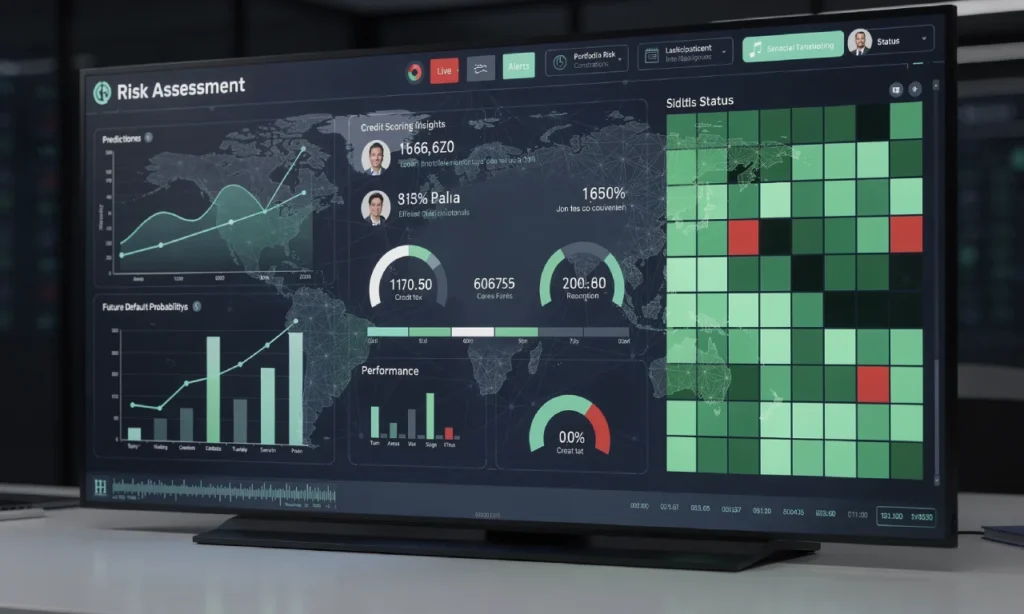 AI-powered financial risk assessment dashboard with predictive charts, risk heatmaps, and machine-learning indicators.