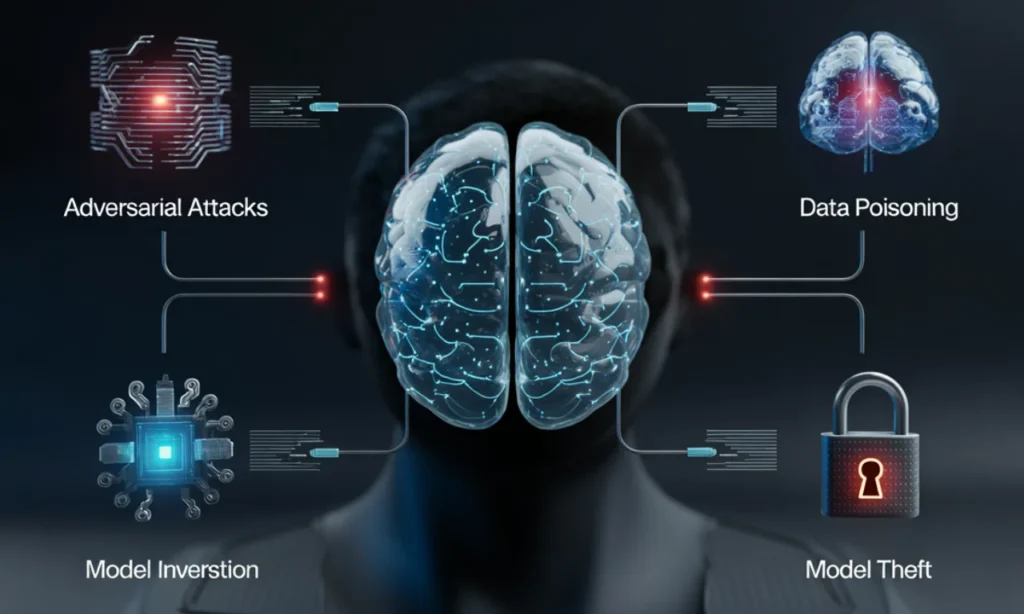 Diagram presenting major AI-specific threats, including adversarial inputs, data poisoning, model inversion, and model theft.