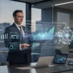 Futuristic hero image showing AI-powered analytics, holographic financial charts, and digital banking interfaces representing AI in financial services.