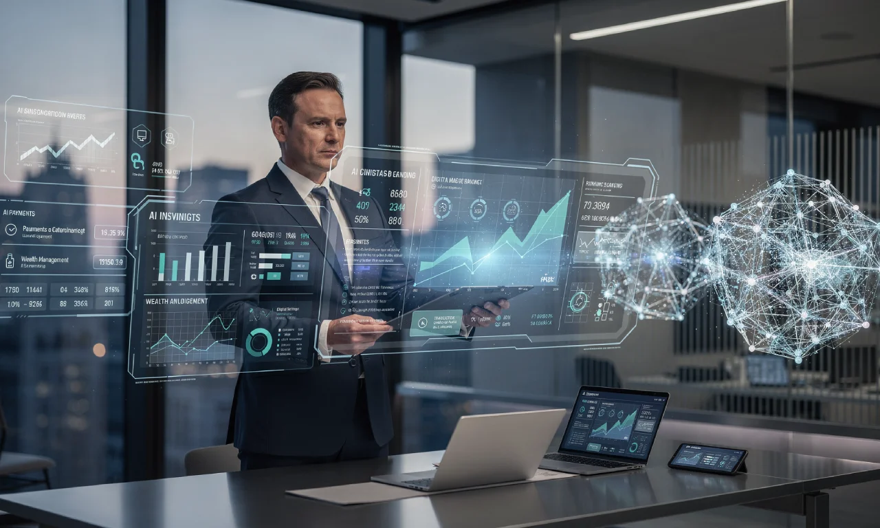 Futuristic hero image showing AI-powered analytics, holographic financial charts, and digital banking interfaces representing AI in financial services.