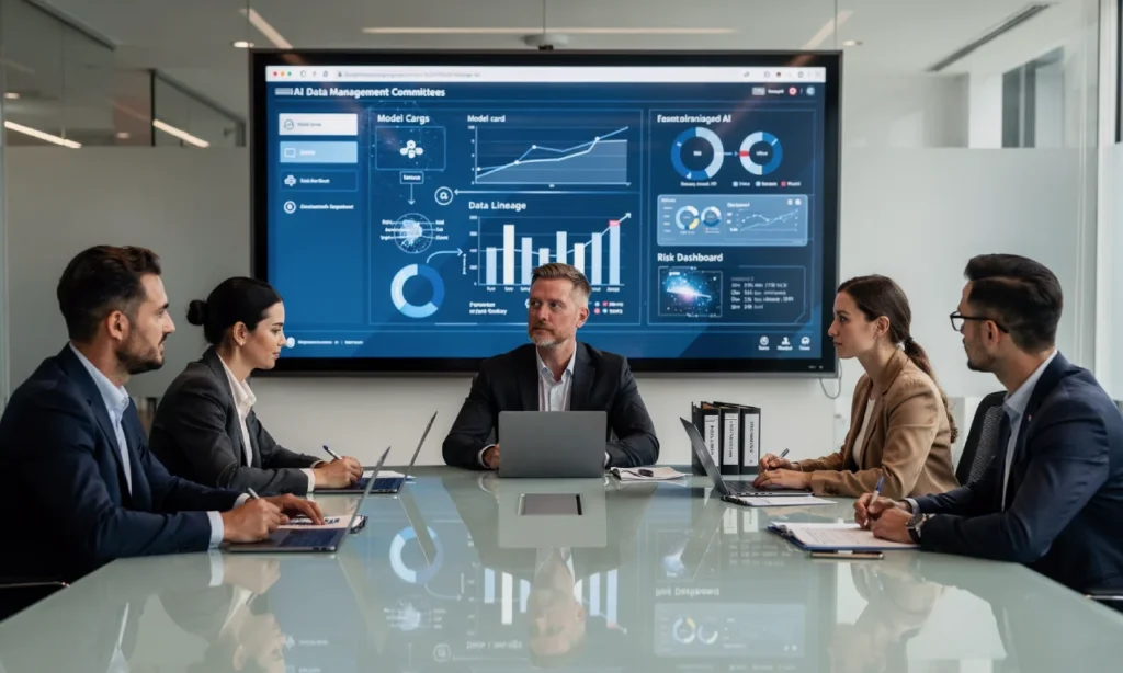 AI governance team reviewing model cards, data lineage maps, and explainability dashboards.