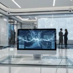 Financial institution using AI with compliance and audit overlays representing responsible AI governance.