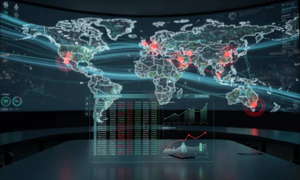 AI fraud detection interface scanning real-time transactions and flagging anomalies across a global financial network.