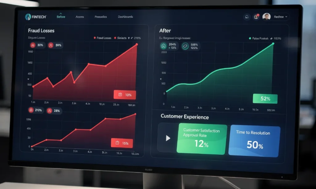 Dashboard illustrating reduced fraud losses and fewer false positives after AI implementation.