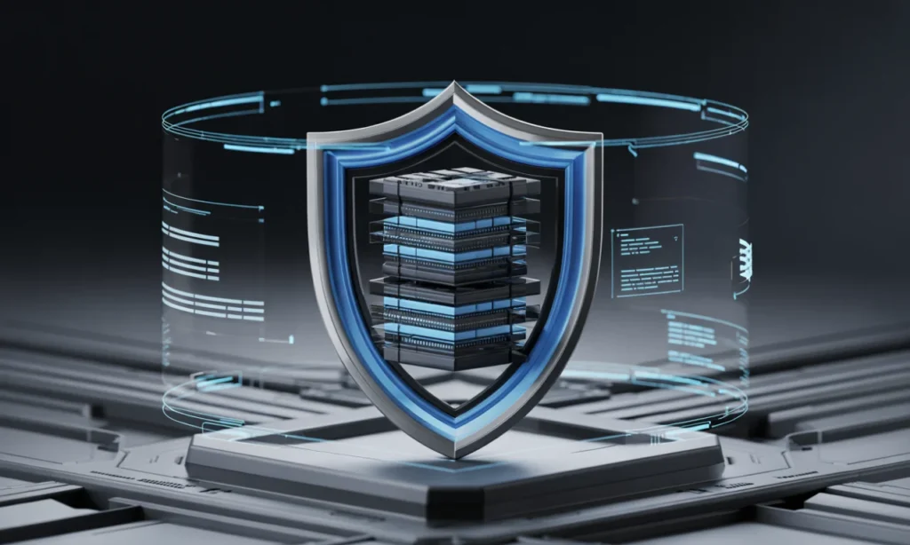 Digital shield protecting AI models, data pipelines, and neural network systems, representing secure AI architecture.