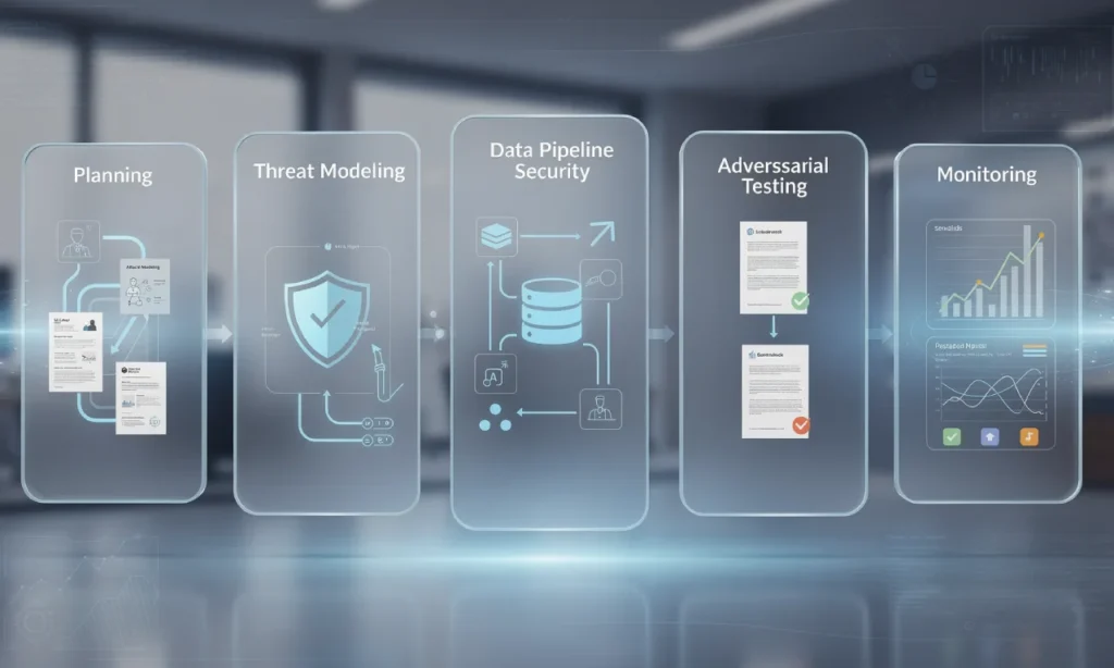 Lifecycle diagram illustrating security-by-design for AI systems from planning to monitoring.