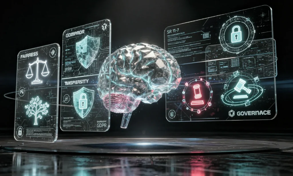 Icons showing fairness, transparency, and regulatory requirements surrounding an AI system.